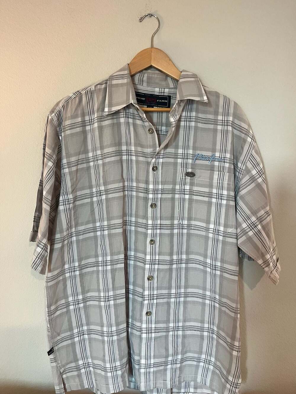 Phat Farm, Y2K Plaid Button Down Shirt, Logo Short, Plaid Grey, Large